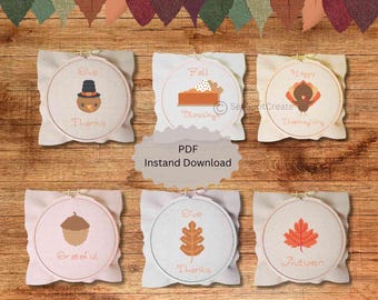 Danksagungs-Kreuzstich-Muster Herbst Herbst Blätter Truthahn Pilgrim Hut Eichel Kürbis Kuchen Symbole digitaler Download PDF niedlich