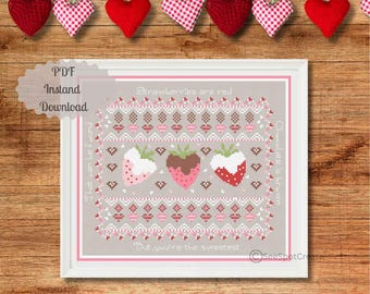 Liebe Kreuzstich Muster Herz Stickerei Valentinstag Wortkunst PDF sofort download digitales Gedicht Fair Isle SchokoErdbeere