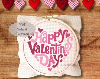 Happy Valentine's Day Kreuzstich Stickmuster Herz Stickdatei Wortkunst Stickdatei PDF Sofortiger Download Zählvorlage Kissenbeschriftung