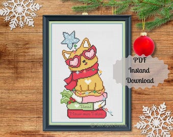 Weihnachten Katze Kreuzstich Muster Geschenk für Buchliebhaber Bibliophile PDF sofortiger download digitaler Musterhüter lustige Katzen Ornament niedlich