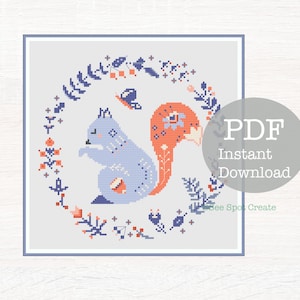 Folk Art Squirrel Blue Wreath Cross Stitch Pattern PDF Scandi Nordic instant download digital counted chart Scandinavian keeper chipmunk