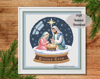 Krippe Kreuzstich Stickmuster Schneekugel Schneekugel Weihnachten Religiöses Stickmuster PDF Sofortdownload digitale Stickerei