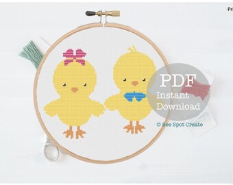 Küken Kreuzstich-Muster: Ostern Stickerei (digitales PDF)