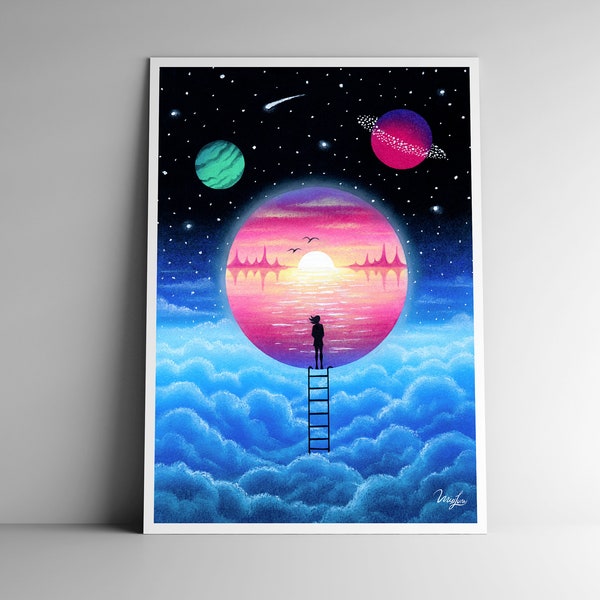 Fine Art Print of my Original Oil Pastels Drawing « New World », Art, Home Decor, Wall Art, Surrealism, Open Edition Print