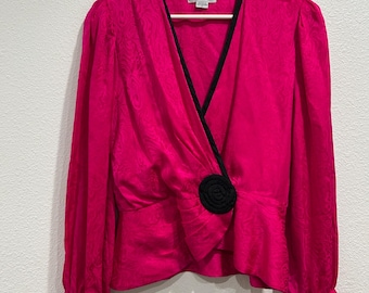 Vintage Adrianna Papell Pink Wrap 100% Silk Blazer with Black Trim sz 6
