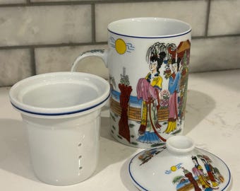 Aziatische porseleinen theemok met zetgroep en deksel Gedetailleerd ontwerp Imperial Women