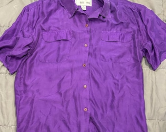 Vintage Ouise Aris Bluse Lila 100% Seide Brusttaschen Button-Down Gr. M