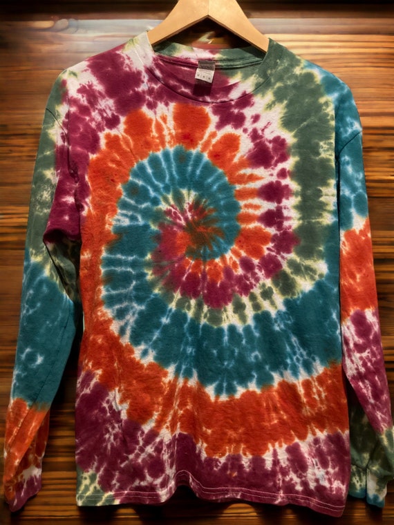 Medium Tie Dye Long Sleeve T-Shirt, 100% Cotton, Unisex Crew Neck Tee