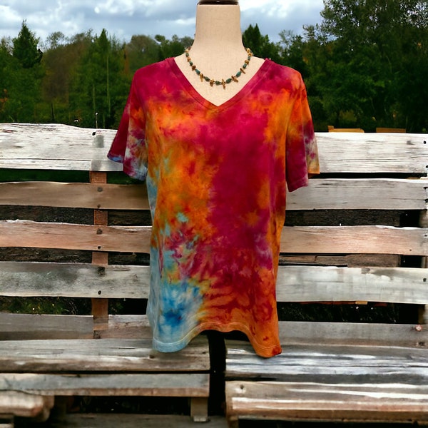 Large Ice Dye Ladies Short Sleeve top, Boho casual wear, Relaxed fit cotton tee, v-neck tie dye shirt, gift for her