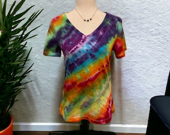 Small Ice Dye Ladies Short Sleeve top, Boho casual wear, Relaxed fit cotton tee, v-neck tie dye shirt, gift for her