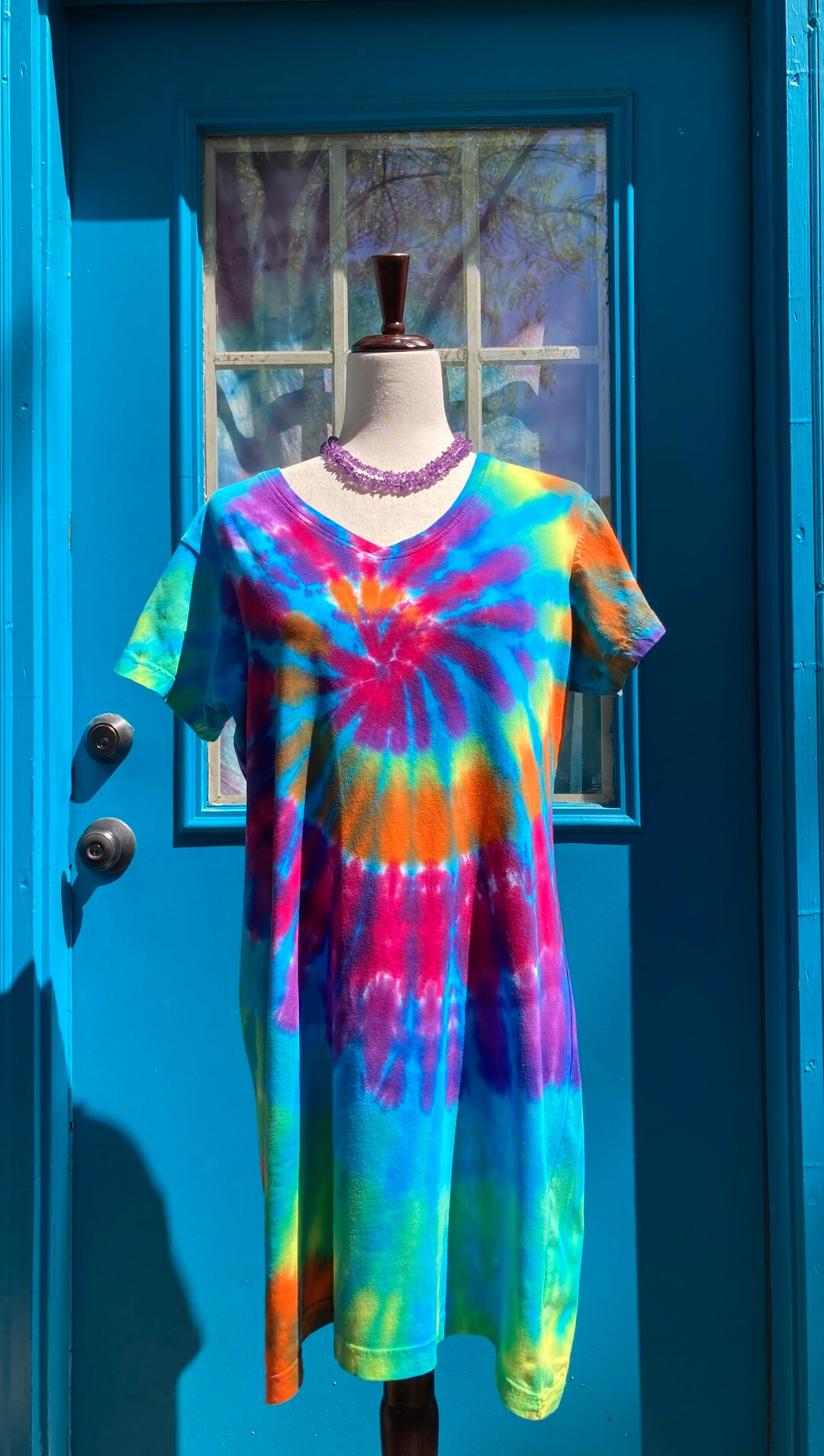 L/XL Tie Dye Ladies Vneck Tshirt Dress, Boho Casual Dress, Beach/lake