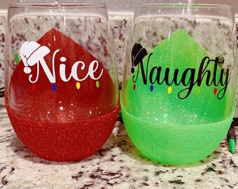 Naughty or Nice Christmas Glitter Wine Glass - Stemless - Santa - Holiday - Gift