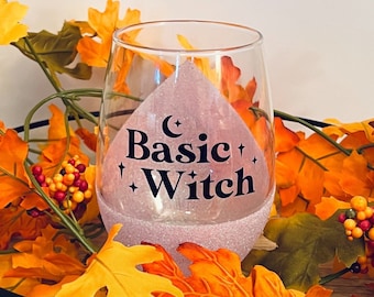 Basic Witch Fall Glass - Halloween Glass - Stemless Wine Glass - Glitter Wine Glass