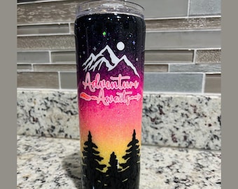Adventure Awaits Sunset Tumbler - Ombre Tumbler - Summer Tumbler - Forest Tumbler