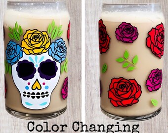 COLOR CHANGING Day of the Dead Can Glass / Skeleton Cup / Halloween Tumbler