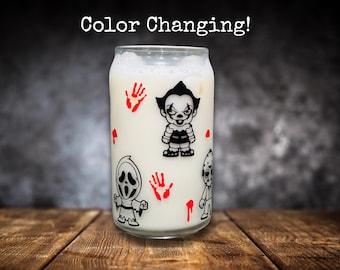Horror Serial Killers Glass - Spooky Horror Glass - Cute Halloween Cup - Creepy Cute Slasher Drinkware - Gothic Horror Gift - Color Changing
