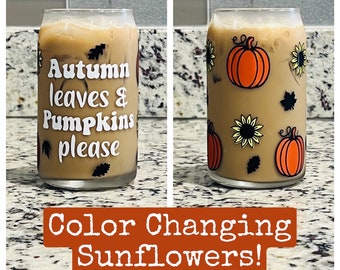 COLOR CHANGING Fall Can Glass / Autumn Can Glass / Autumn Leaves & Pumpkins Please