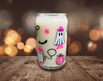 Cowgirl Ghost Glass Cup - Cute Western Halloween Tumbler with Pink Ghosts, Pumpkins & Stars - Spooky Season Iced Coffee Glass