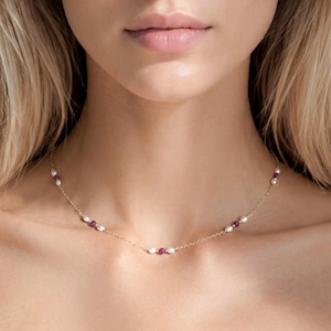 Ruby + Pearl Necklace, Natural Dainty Gemstone Choker, Minimalist Raw Crystal Necklace, July Birthstone Jewellery, Best Friend Gift for Her