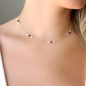 Ruby and Pearl Necklace, Dainty Gemstone Choker, Minimalist Raw Crystal Necklace, July Birthstone Jewellery, Best Friend Gift for Her