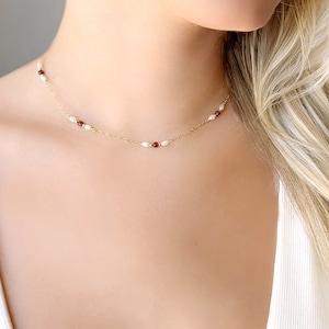 Garnet and Pearl Necklace, Dainty Gemstone Choker, Minimalist Raw Crystal Necklace For Women, January Birthstone, Best Friend Gift for Her