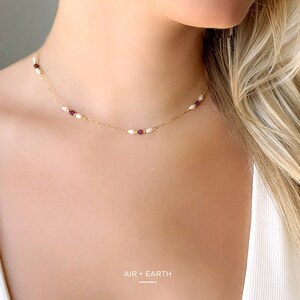 Ruby and Pearl Necklace, Dainty Gemstone Choker, Minimalist Raw Crystal Necklace, July Birthstone Jewellery, Best Friend Gift for Her