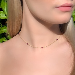 Dainty Ruby Necklace, Tiny Crystal Choker, Raw Crystal Necklace, Small Simple Minimal Gemstone Jewellery, July Birthstone Gift For Her