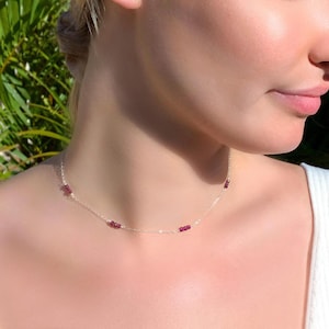 Dainty Ruby Necklace, Natural Crystal Choker, Minimalist Gemstone Jewellery, Gold Filled or Sterling Silver, July Birthstone Birthday Gift