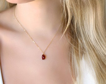 Garnet Necklace, Raw Crystal Necklace, Small Crystal Choker, Minimalist Natural Gemstone Pendant, January Birthstone Birthday Gift For Her