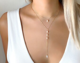 Pearl Lariat Y Necklace Set, Dainty Pearl Choker, Real Pearl Necklace For Women, Minimalist Bridal Necklace, June Birthstone, Gift For Her