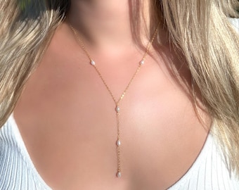 Dainty Pearl Lariat, Real Pearl Necklace, Simple Layering Necklace, Tiny Y Necklace, Delicate Pearl Necklace, June Birthstone Gift For Her