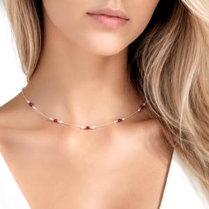 Ruby and Pearl Necklace, Dainty Gemstone Choker, Minimalist Raw Crystal Necklace, July Birthstone Jewellery, Best Friend Gift for Her