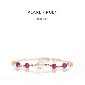 Ruby and Pearl Bracelet, Dainty Gemstone Bracelet with Adjustable Extender, Minimalist Raw Crystal Jewellery, July Birthstone Gift for Her