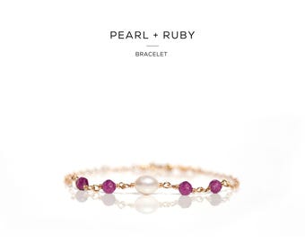 Ruby and Pearl Bracelet, Dainty Gemstone Bracelet with Adjustable Extender, Minimalist Raw Crystal Jewellery, July Birthstone Gift for Her