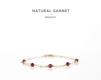 Dainty Garnet Bracelet with Adjustable Extender, Tiny Minimalist Gemstone Jewellery, Natural Crystal Gift on Gold Filled or Sterling Silver