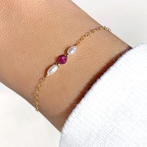 Ruby and Pearl Bracelet, Dainty Gemstone Bracelet with Adjustable Extender, Minimalist Raw Crystal Jewellery, July Birthstone Gift for Her