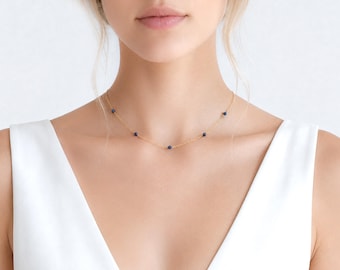 Dainty Sapphire Necklace: Tiny Crystal Choker, Raw Crystal Necklace, Simple Minimalist Gemstone Jewellery, September Birthstone Gift for Her