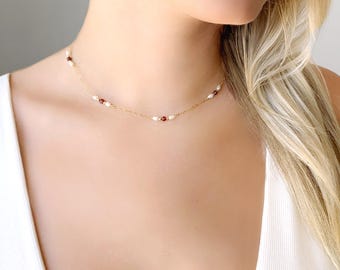 Garnet Pearl Necklace, Dainty Gemstone Choker, Minimalist Raw Crystal Necklace For Women, Tiny January Birthstone, Best Friend Gift for Her