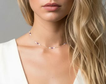 Amethyst Pearl Necklace, Natural Gemstone Choker, Dainty Crystal Necklace, Minimalist Birthstone Jewellery on Gold Filled or Sterling Silver