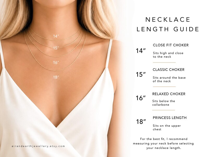 May include: A necklace length guide featuring four thin gold chains worn at 14, 15, 16, and 18 inches. Text labels include NECKLACE LENGTH GUIDE, CLOSE FIT CHOKER, CLASSIC CHOKER, RELAXED CHOKER, and PRINCESS LENGTH with corresponding inch measurements.