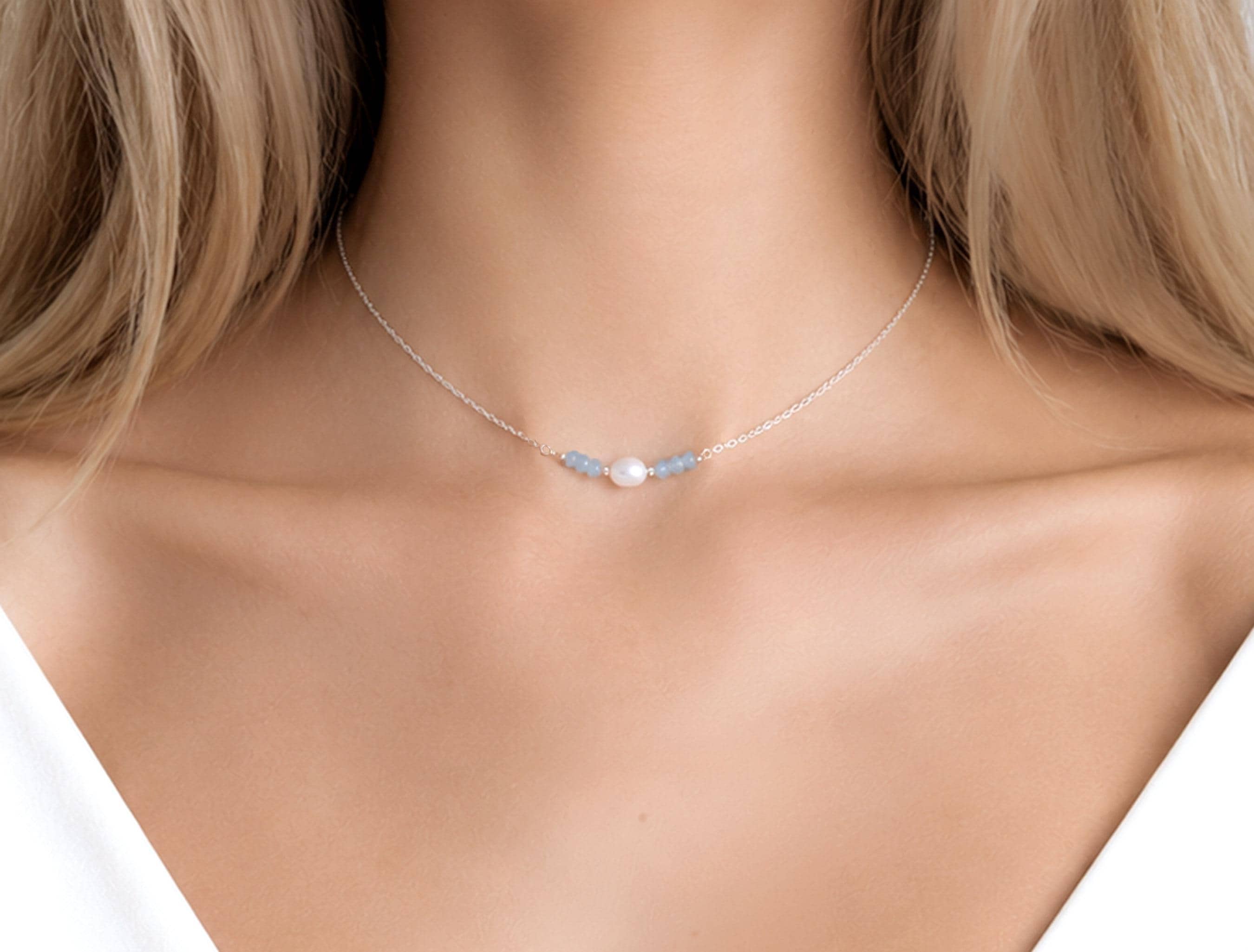 Aquamarine Pearl Necklace, Natural Gemstone Choker, Minimalist Raw Crystal Necklace, Dainty Wedding Jewellery, March Birthstone Gift For Her