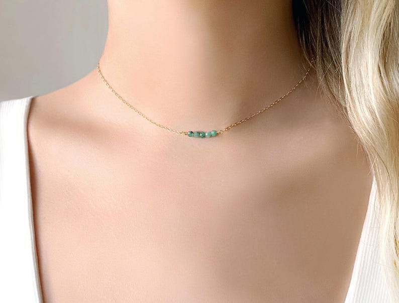 Tiny Emerald Necklace, Dainty Raw Crystal Choker, Natural Minimalist Gemstone Jewellery, May Birthstone, Birthday Gift For Her image 4