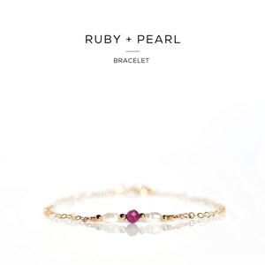 Ruby + Pearl Bracelet, Dainty Gemstone Bracelet with Adjustable Extender, Minimalist Raw Crystal Jewellery, July Birthstone Gift for Her
