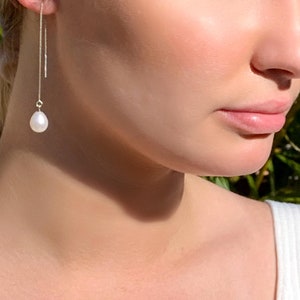 Pearl Threader Earrings, Dainty Pearl Earrings, Pearl Statement Earrings, Long Pearl Earrings, Minimalist Pearl Drop Earrings, Gift For Her