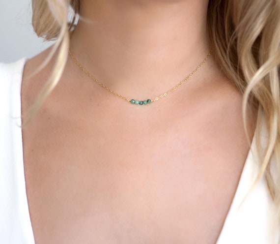 Tiny Emerald Necklace, Dainty Raw Crystal Choker, Natural Minimalist Gemstone Jewellery, May Birthstone, Birthday Gift For Her