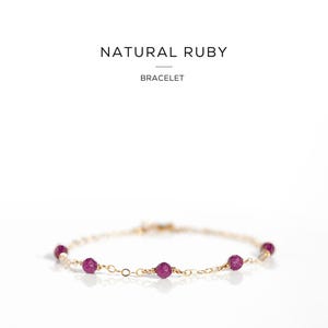 Natural Ruby Bracelet, Dainty Gemstone Jewellery on Gold Filled or Sterling Silver Chain, Minimalist Raw Crystal Birthday Gift for Her