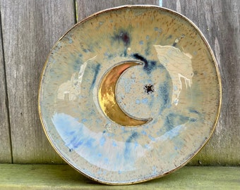 Large handmade ceramic gold crescent moon bowl