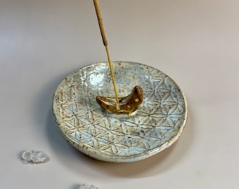 Handmade ceramic gold moon flower of life incense holder and ring dish