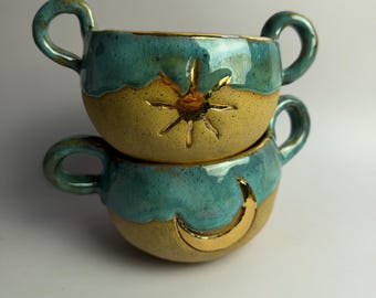 Cuencos de cerámica Sol y Luna — Recipientes elaborados a mano con brillo dorado