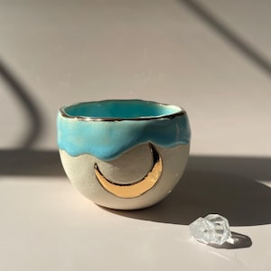 Handmade ceramic aqua gold crescent moon cup